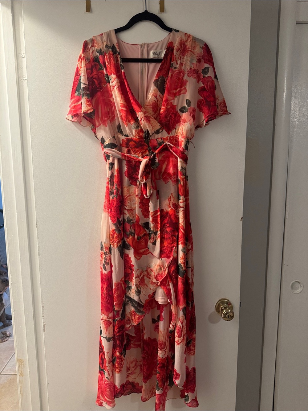 Eliza J Pink and Red Floral High-Low Wrap Dress